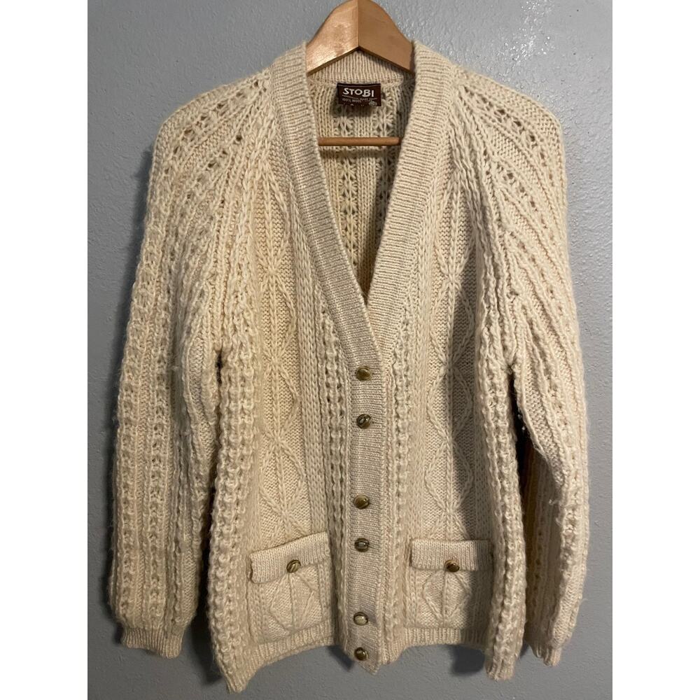 VTG Stobi Cardigan Sweater Icelandic Lope Womens 42 Cream Wool Cable Knit 80s